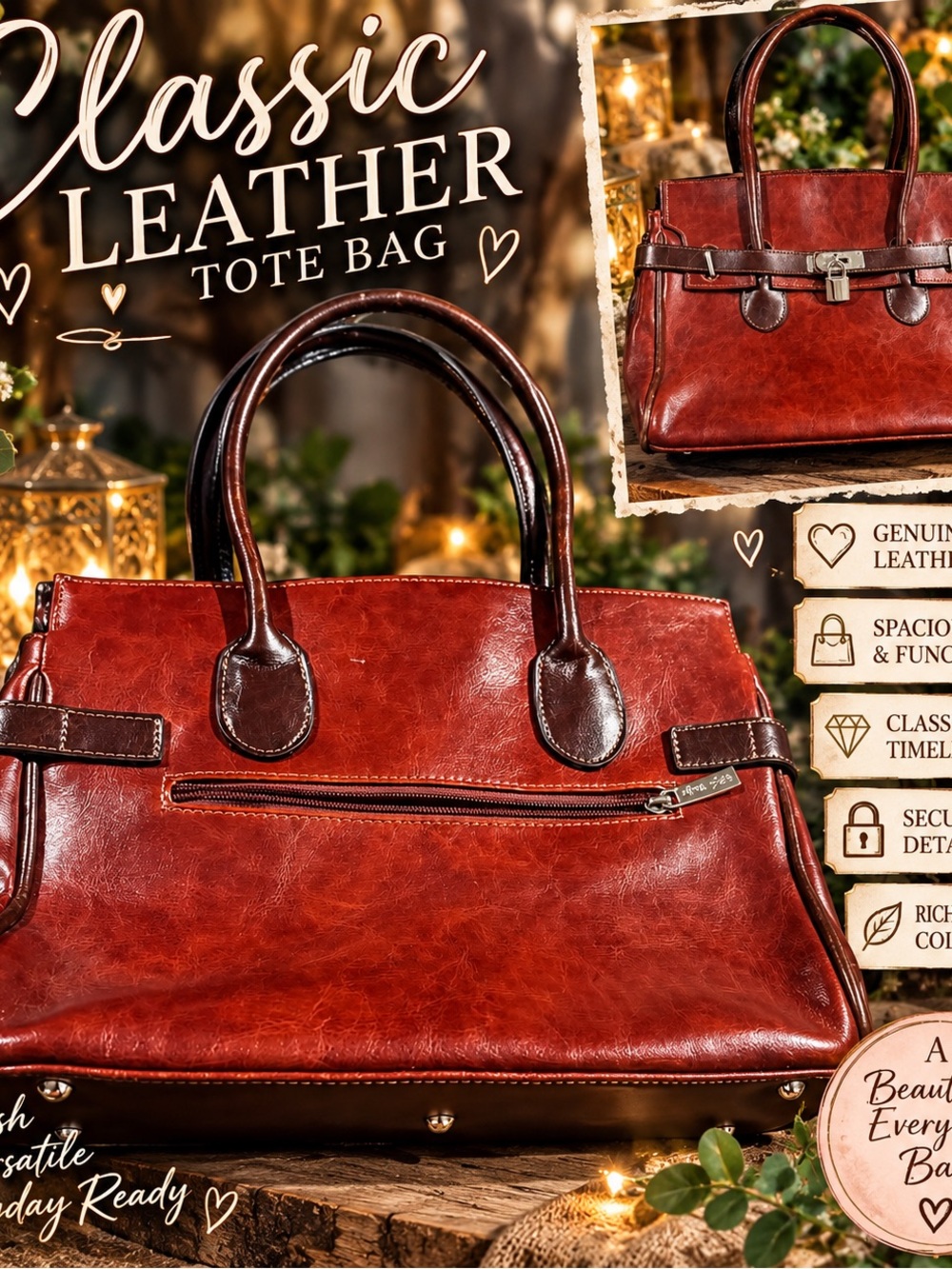 Rina Rich Classic Leather Tote Bag - Deep Red with Dark Brown Trim
